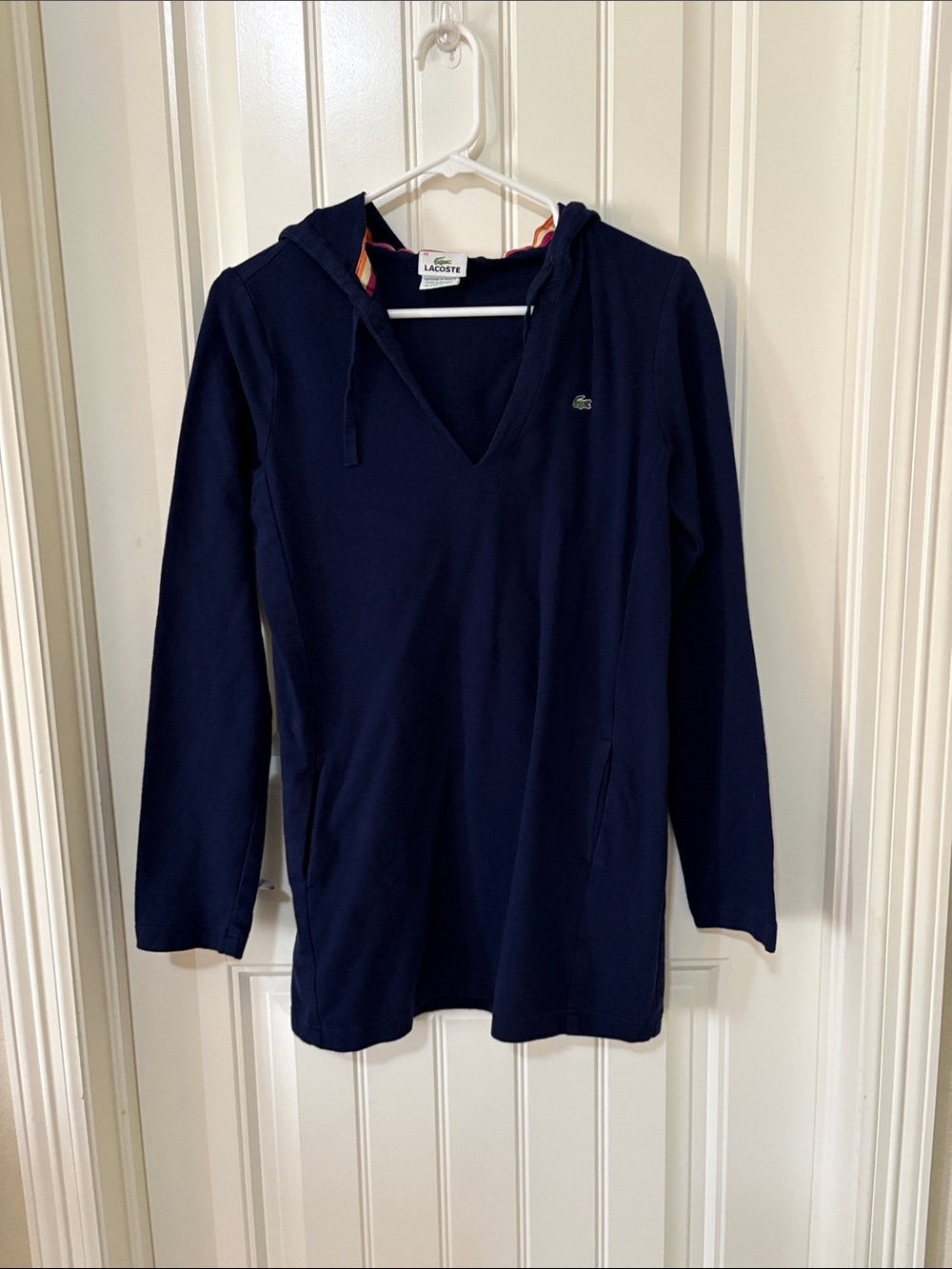 Lacoste Navy V-Neck Pullover Hoodie with Croc Emblem